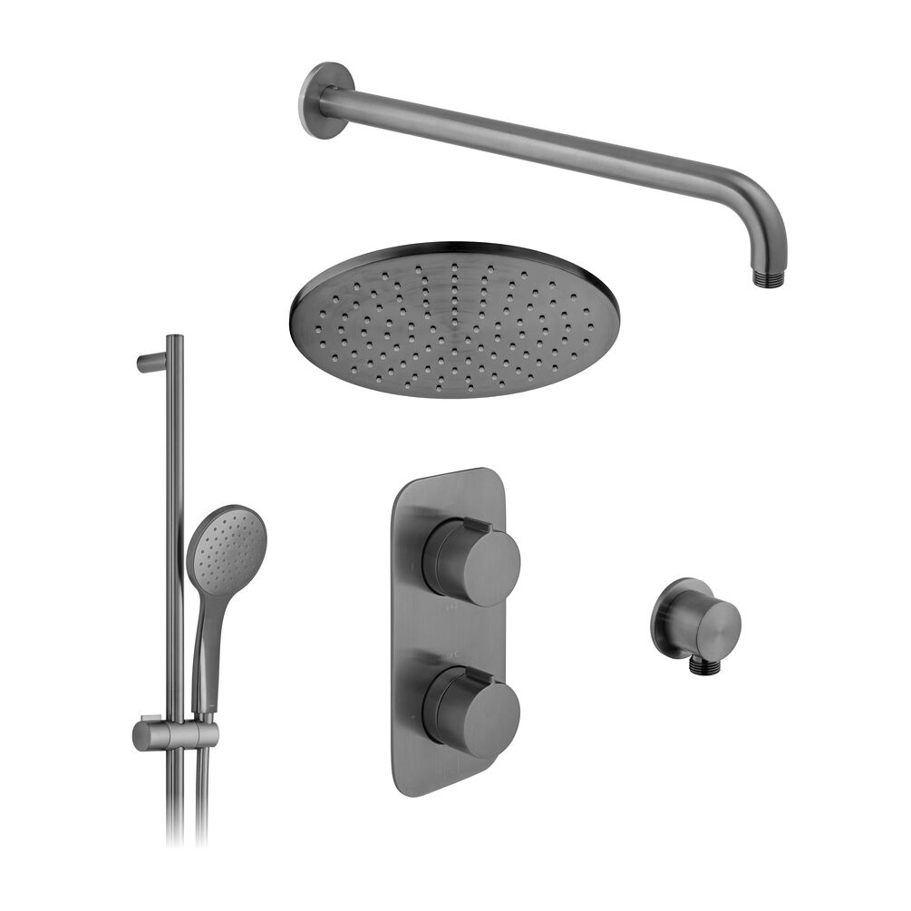 Cutout image of Vado Individual Brushed Gunmetal Round Dual Outlet Slide Rail Shower Pack